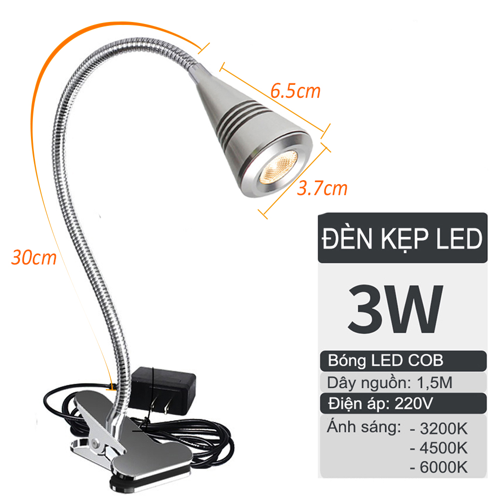 Đèn Led đọc sách đầu giường 3W, Anh sáng chiếu rọi điểm, Kẹp Kim loại đa năng tích hợp Đèn Học và làm việc, Đèn soi tranh trang trí phòng khách