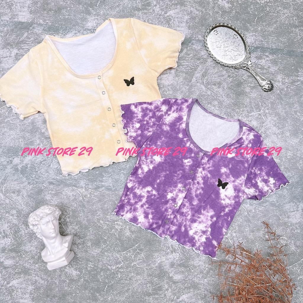 Áo Croptop Body Cổ Tròn Tay Ngắn Cúc Bấm Loang Màu Thêu Bướm A5086