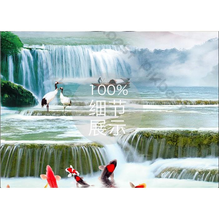 Tranh sơn thủy phong thủy cá chép và chim hồng hạc, Tranh dán tường 3d hiện đại MS968950