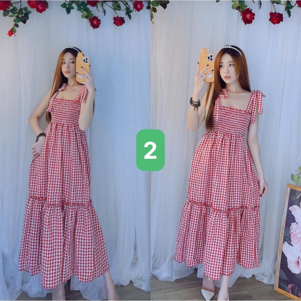 Đầm maxi nữ hai dây cột nơ caro siêu xinh dạo phố du lịch bầu bì bon chen kèm hình thật bao đẹp htd8740