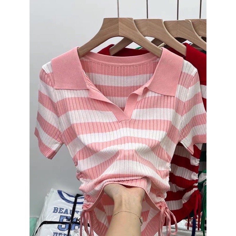 Áo cardigan dệt kim tay ngắn hoạ tiết kẻ sọc Hàn Quốc cho nữ AL04