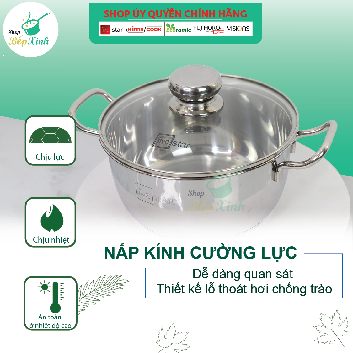 Bộ nồi inox FIVESTAR 6 chiếc nắp kính 3 đáy dùng được bếp từ ,hồng ngoại , gas