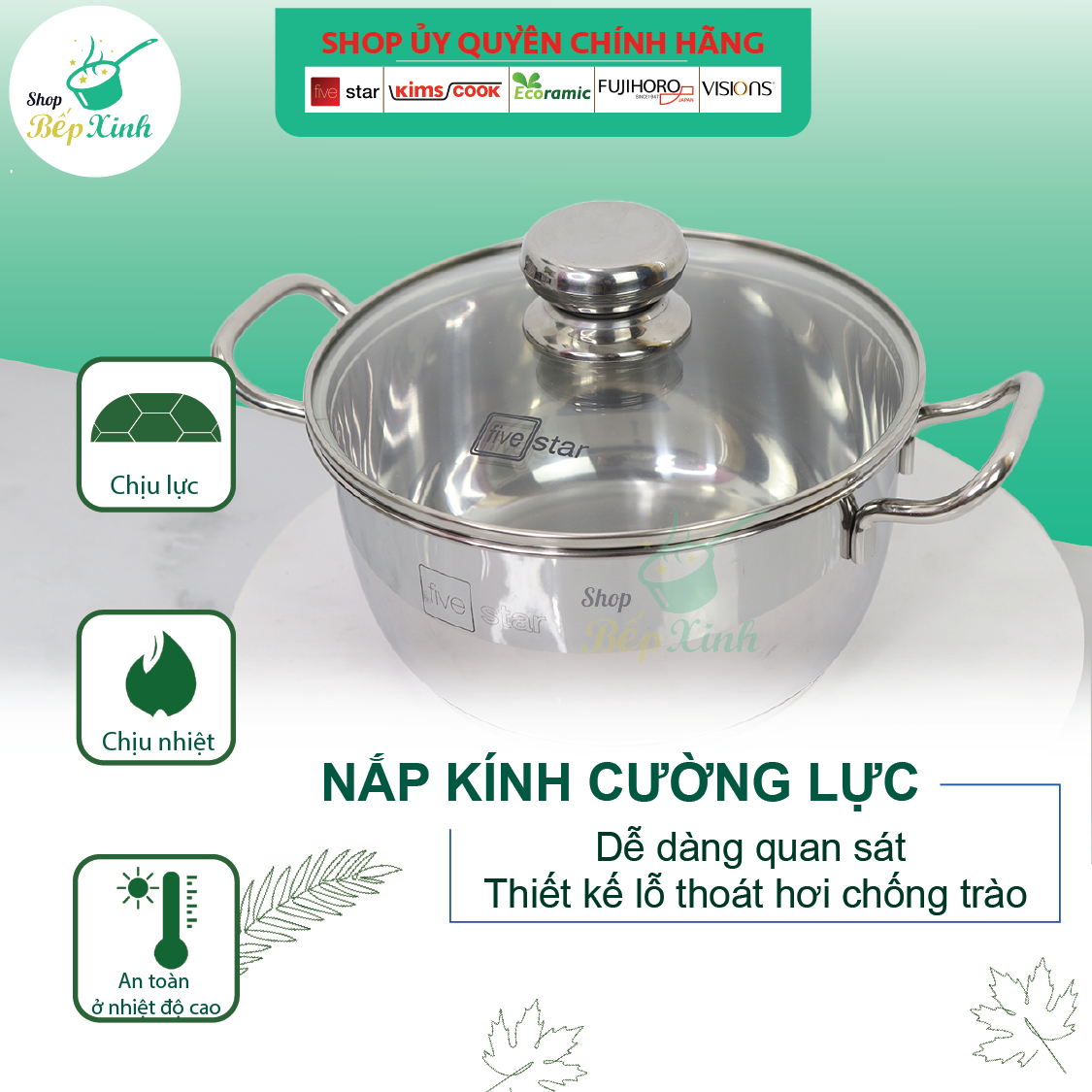 Bộ Nồi Inox 3 Đáy Từ Fivestar Standard FSB50002 5 chiếc nắp kính