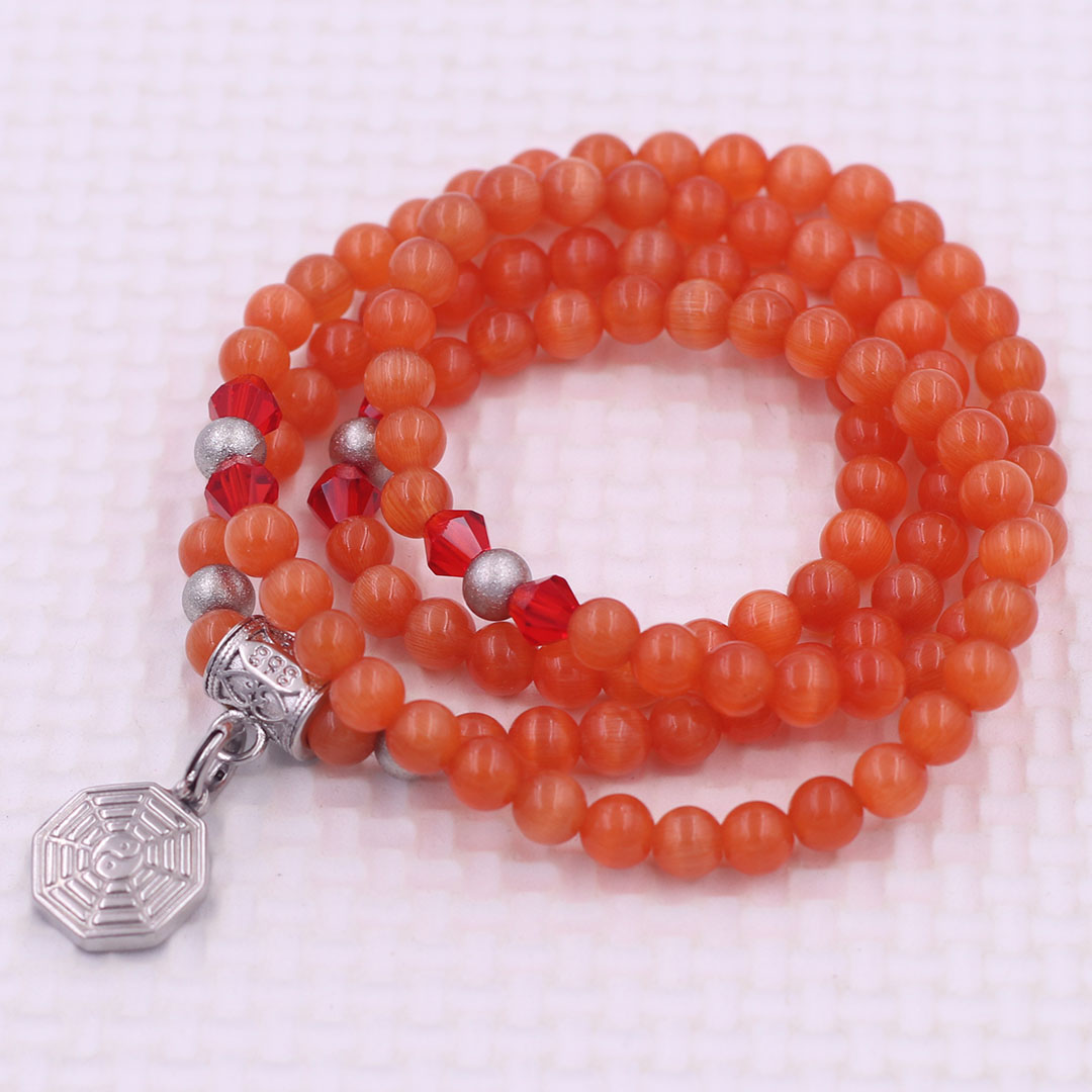 Vòng chuỗi 108 hạt đá mắt mèo cam đỏ 6 ly charm bát quái inox - vòng chuỗi niệm Phật, vòng tay chuỗi hạt