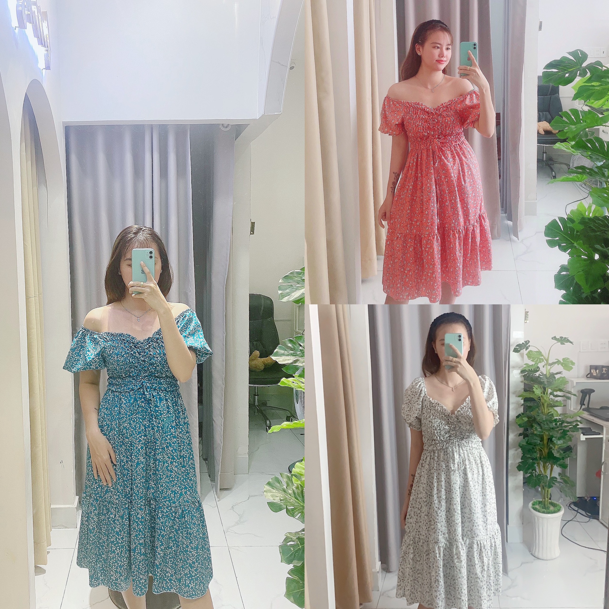 Váy nữ thời trang trễ vai tiểu thư, kiểu bẹt vai gút ngực, chất vải bao mát không nhăn V006
