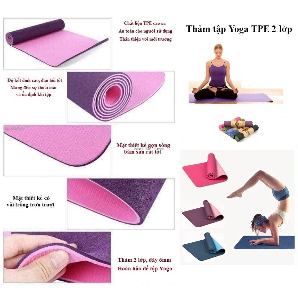 Thảm Tập Yoga TPE 2 Lớp Siêu Mềm Chống Trơn Chống Thấm -