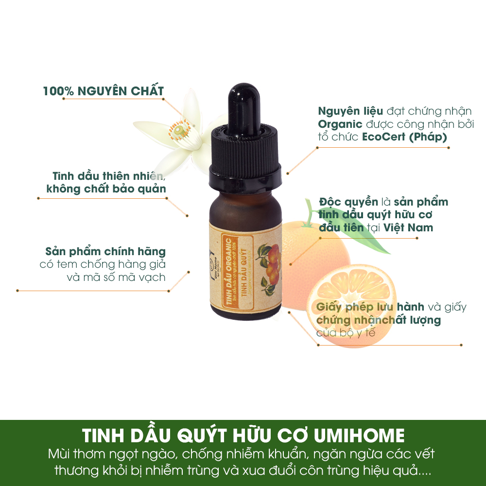 Tinh Dầu Quýt Nguyên Chất UMIHOME (10ml) - Dùng cho đèn xông hương, tắm, chống nhiễm khuẩn, xua đuổi côn trùng