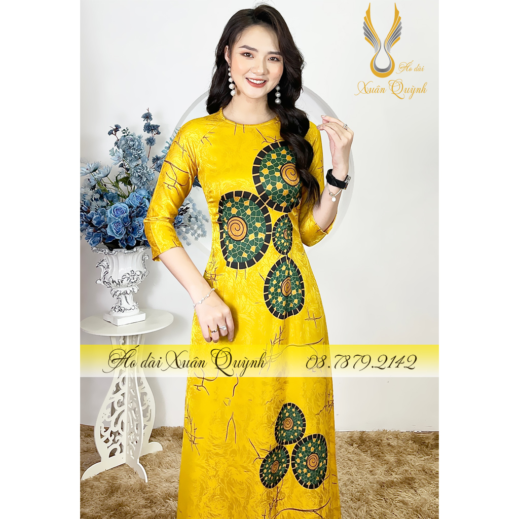 Áo Dài Truyền Thống Vàng Đồng Sang Trọng, Quý Phái Lụa Hải Đường Vân Gấm Cao Cấp HD02