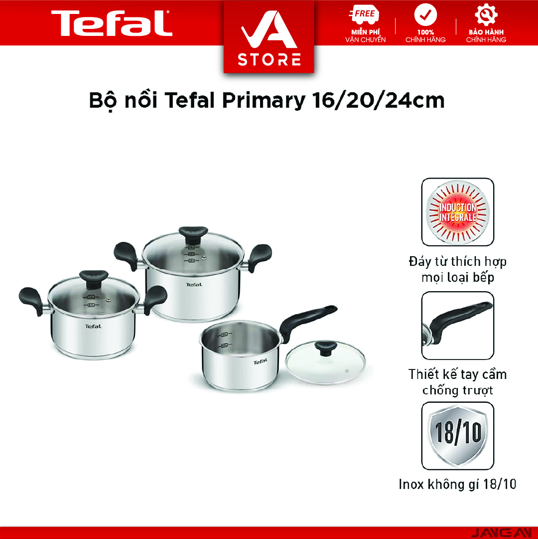 Bộ nồi Tefal Primary 16/20/24cm (quánh 16cm-1.5L, nồi 20cm-3L, nồi 24cm-5.3L) - Hàng Chính Hãng