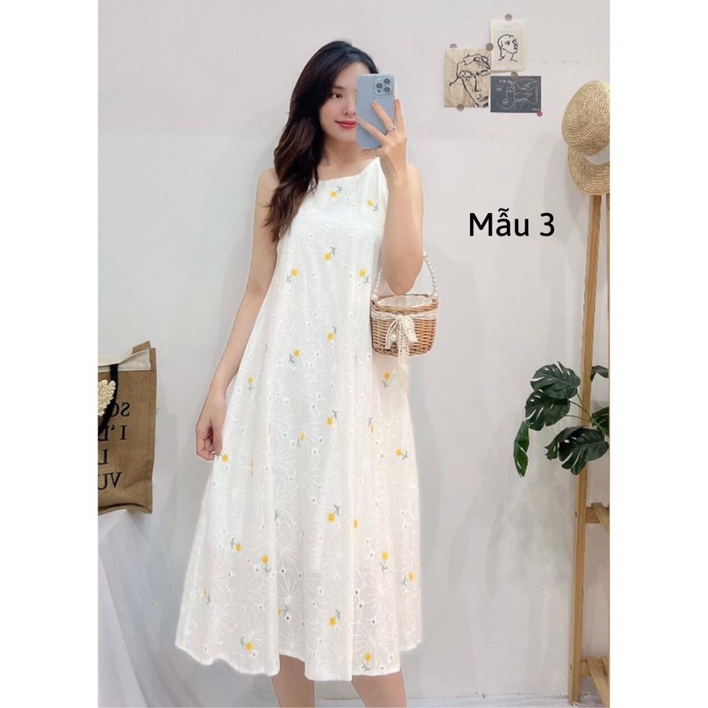 Đầm suông, Váy yếm dài, Đầm maxi hoa nhí Cao Cấp dáng suông vàng trắng, form rộng dài qua gối - MiNhi