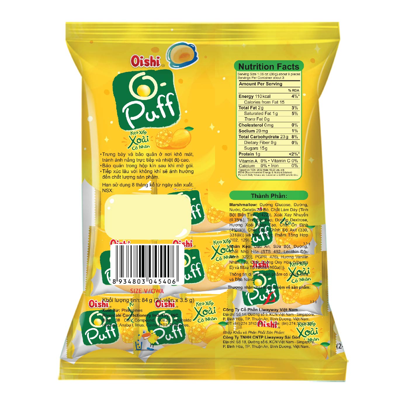 Combo 12 gói Oishi Kẹo Xốp Nhân Xoài O-Puff (84g/gói)