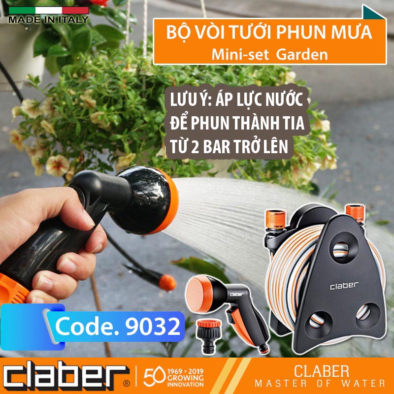 Bộ Vòi Tưới Cây Ban Công Claber Mini-set Garden 9032, 10 mét, vòi hoa sen có khóa rảnh tay, 2 khớp nối nhanh, 1 đầu nối vòi