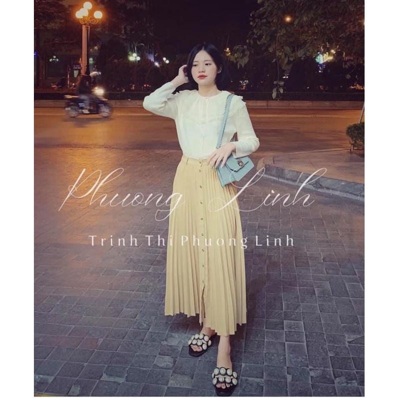 CHÂN VÁY MIDI DẬP LY MÀU BE