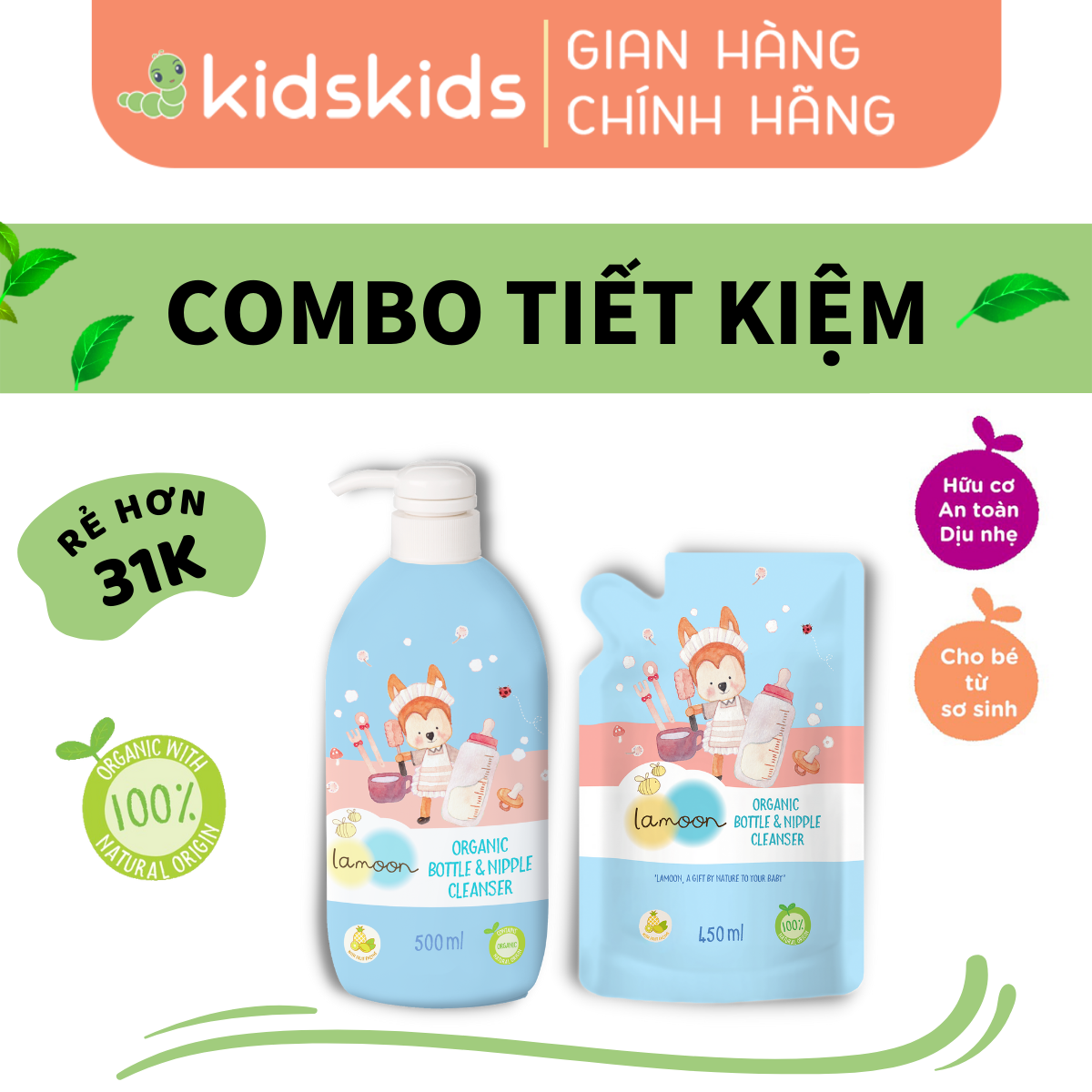 COMBO Nước rửa bình sữa Organic an toàn cho bé Lamoon dạng Bình 500ml + Túi refill 450ml