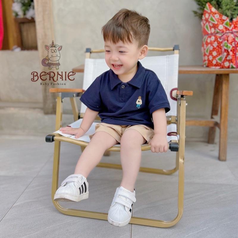 Bộ đồ Polo bé trai basic thêu gấu áo trắng quần short đen, áo xanh quần short be 8-24kg phù hợp với các dịp lễ tết. bé có thể mặc đi học, đi chơi