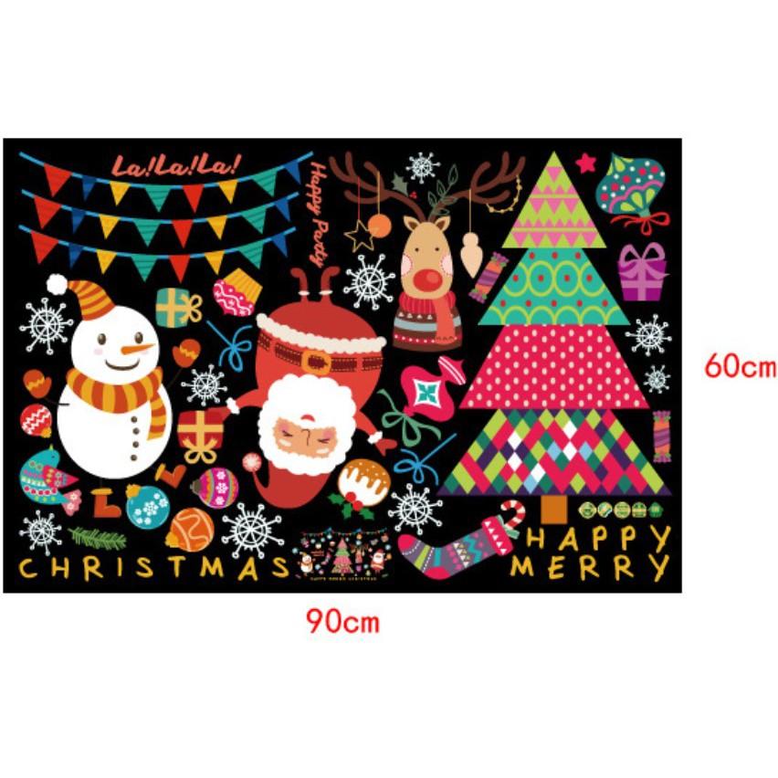 Decal trang trí noel ông già noel và người tuyết bên cây thông sắc màu