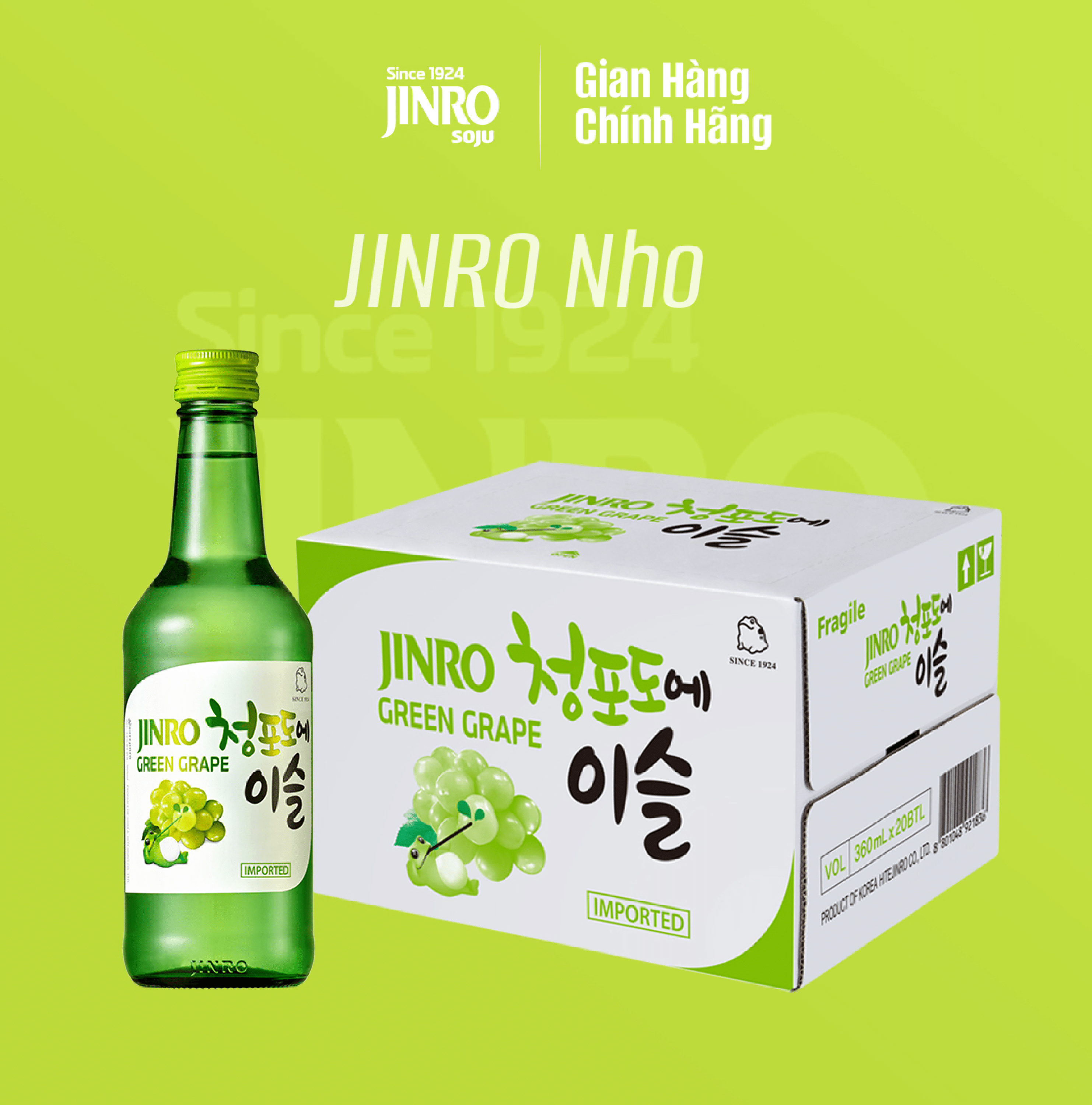 [CHÍNH HÃNG] Soju Hàn Quốc JINRO VỊ NHO 360ml - Thùng 20 chai
