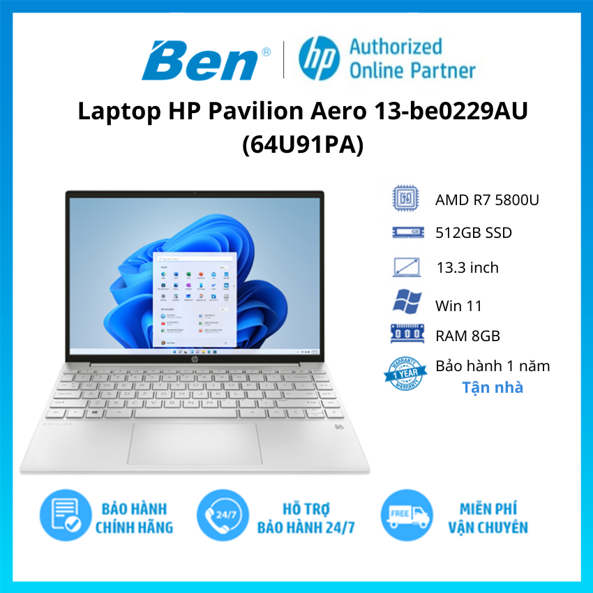 Laptop HP Pavilion Aero 13-be0229AU (R7-5800U | 8GB | 512GB | 13' WUXGA 100% sRGB Hàng chính hãng