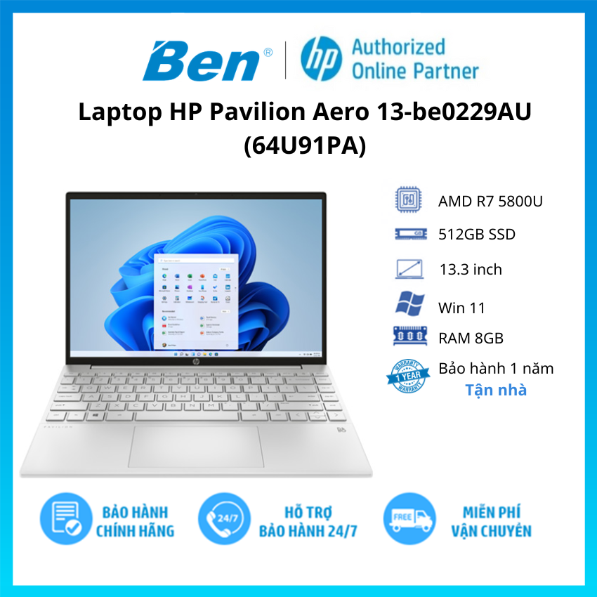 Laptop HP Pavilion Aero 13-be0229AU (64U91PA) (R7-5800U | 8GB | 512GB | 13' WUXGA 100% sRGB Hàng chính hãng