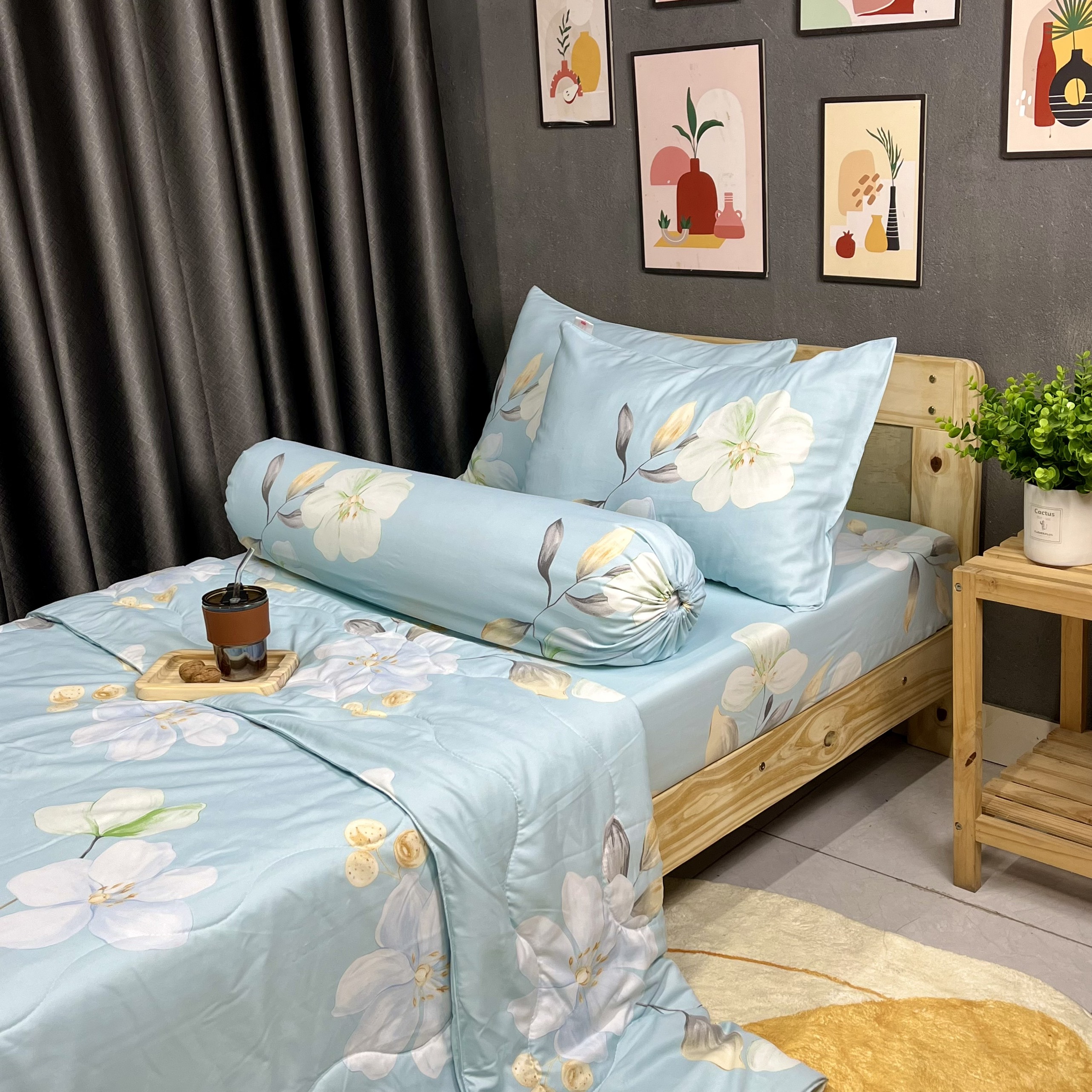 Bộ Chăn Ga Gối Đệm Phi Lụa Tencel Bộ Chăn Ga 5 Món Drap Giường