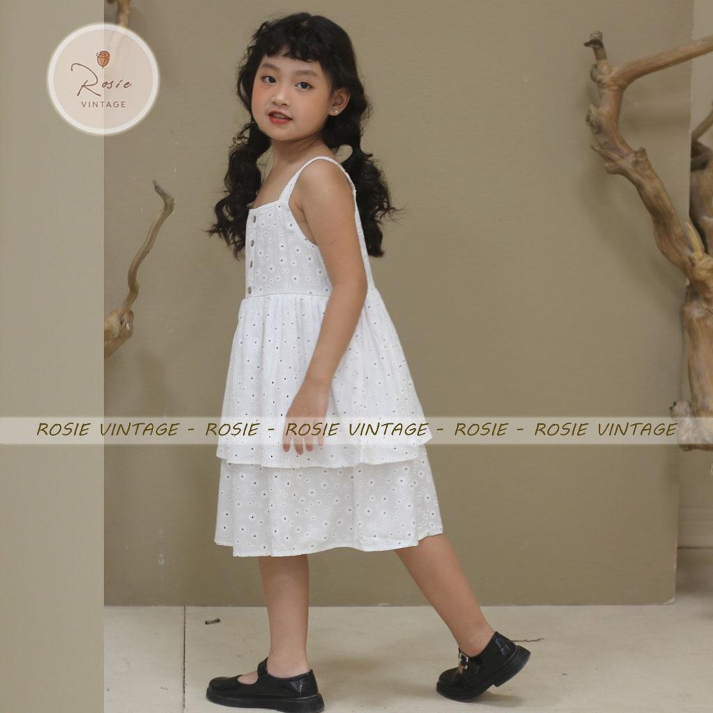 Váy 2 dây 2 tầng in hoa ROSIE V27, chất đũi lanh, vải mềm mát cho bé gái từ 9 - 36kg