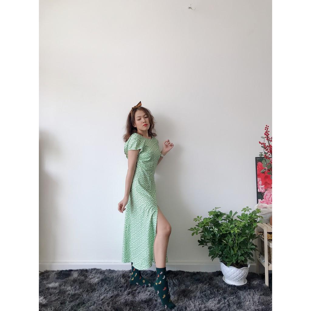 Đầm hoa bi xanh hở lưng phía sau phong cách hàn Quốc