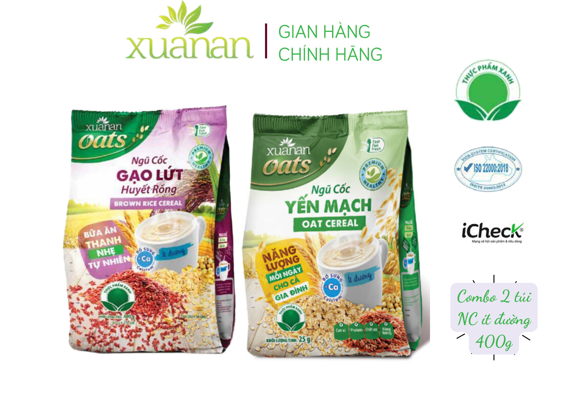 Combo Ngũ Cốc Gạo Lứt Huyết Rồng 400G + Ngũ Cốc Yến Mạch 400G [ít đường] (Tặng Kèm 1 Túi Yến Mạch 150G)