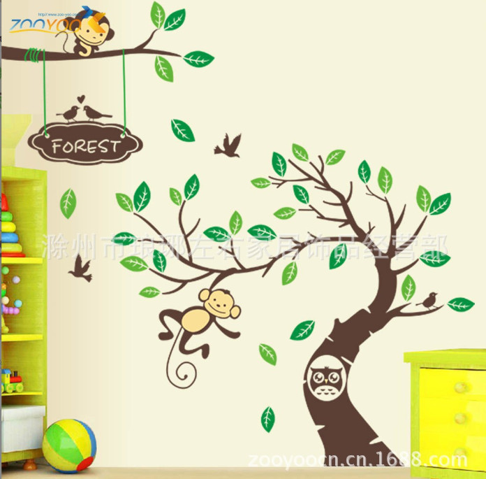 Decal trang trí tường - Thân cây cong lá mỏng cùng Khỉ 02 size lớn