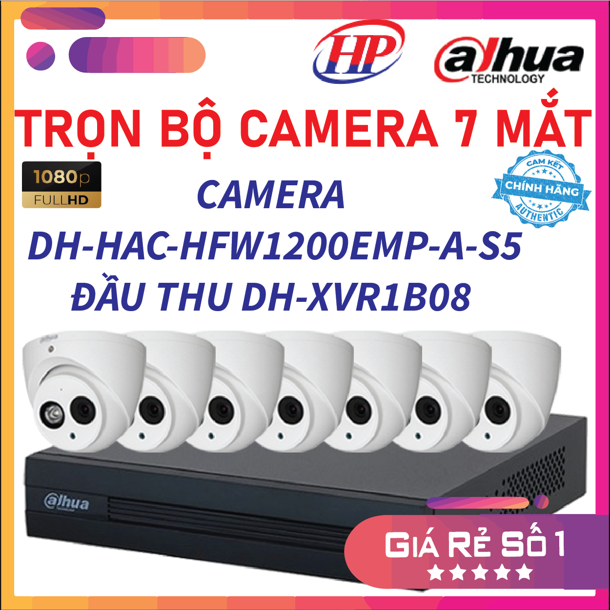 Trọn bộ 7 Camera HDCVI 2MP DAHUA DH-HAC-HDW1200EMP-A-S5 - Đầu thu 4 cổng DH-XVR1B08 đầy đủ phụ kiện, Hàng chính hãng