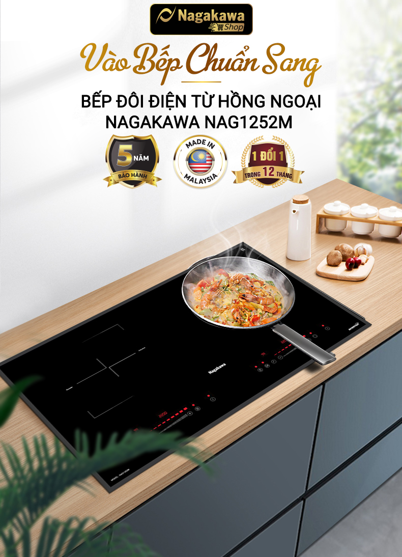 Miễn phí giao lắp toàn quốc - Bếp Âm Đôi Từ Hồng Ngoại Premium Nagakawa NAG1252M - Bảo hành 5 năm - Made in Malaysia - Hàng Chính Hãng