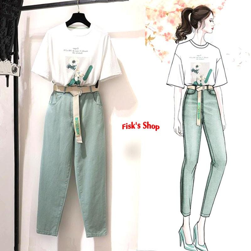 Set áo phông trắng quần xanh