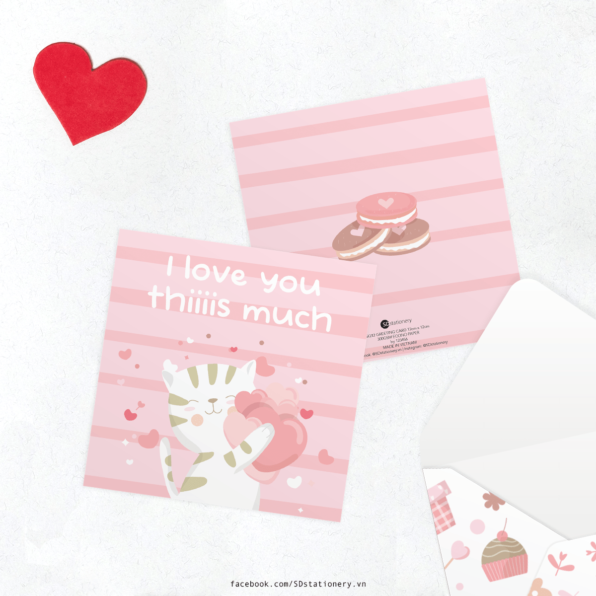 Thiệp tình yêu Valentine SDstationery LOVE IS PINK vuông 12 cm màu hồng dễ thương