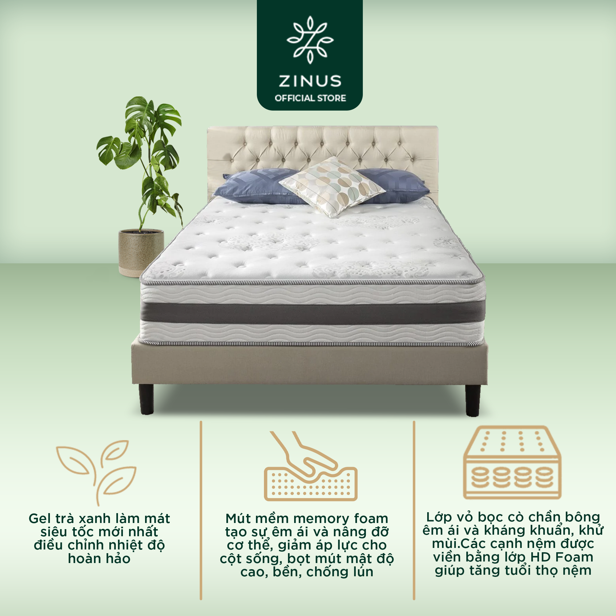 Nệm lò xo túi hút chân không cao cấp Gel mát Zinus - Gel-Infused Memory Foam Hybrid Spring Mattress 30cm