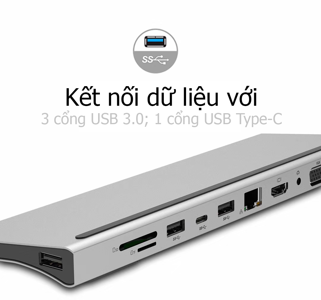 Hub USB Type-C đa chức năng HDMI/ VGA/ RJ45/ PD/ USB/ TF/ SD cho Macbook M1, Surface, Dell XPS