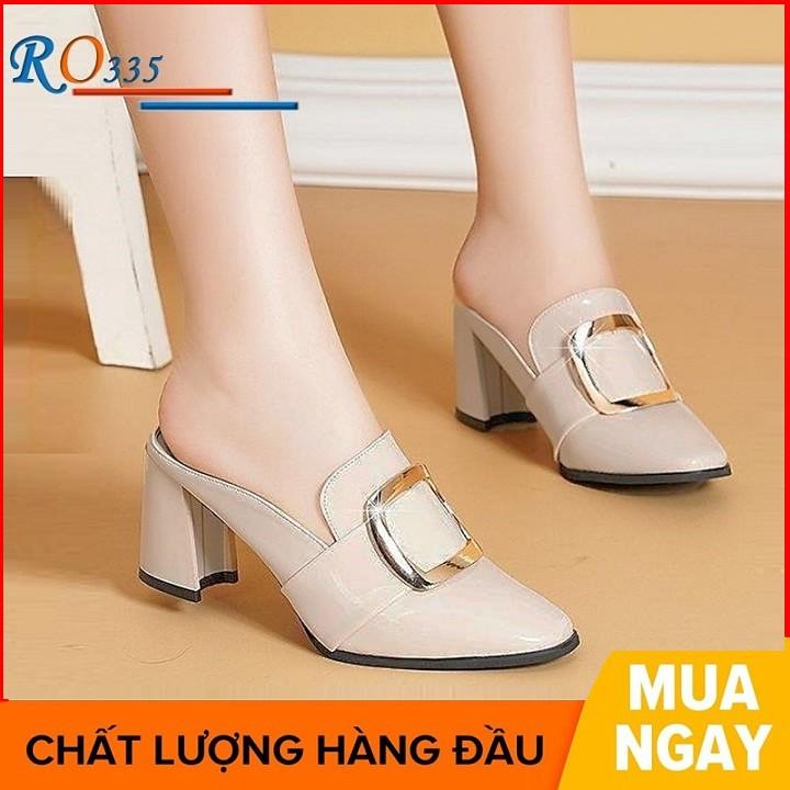 Giày cao gót nữ đẹp đế vuông 7 phân màu đen kem hàng hiệu rosata ro335