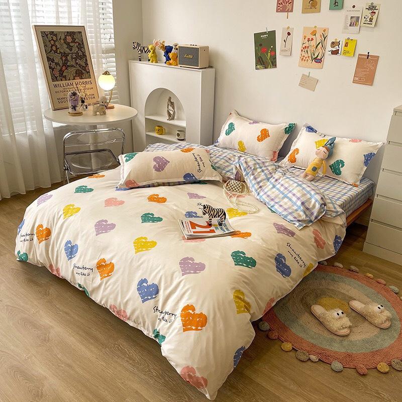 Bộ chăn ga gối cotton poly - Mẫu tim kẻ xanh.