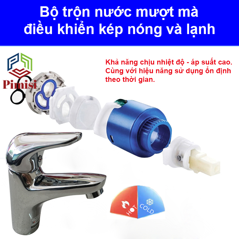 Vòi chậu rửa mặt nóng lạnh Pimisi cho chậu lavabo 1 lỗ bằng đồng thau - mạ crom, niken sáng bóng dùng trong nhà tắm - điều chỉnh nước bằng gật gù nóng lạnh gắn trên bồn chậu rửa mặt treo tường - bàn đá - mặt trên chậu rửa | Hàng chính hãng