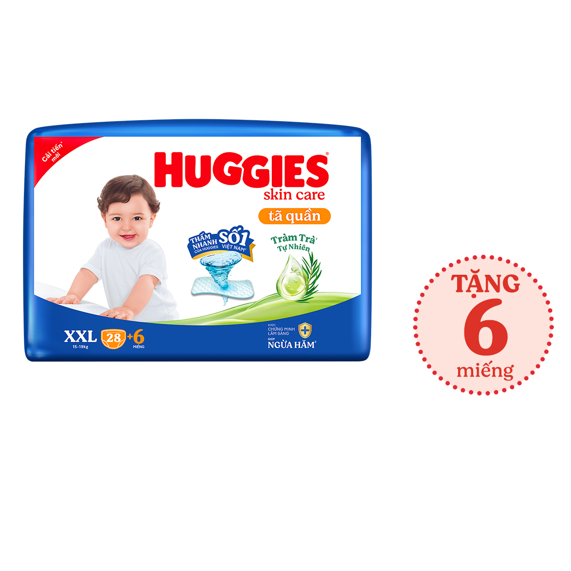 Tã/bỉm quần Huggies Skin Care Jumbo XXL28+6 miếng với tràm trà dịu da