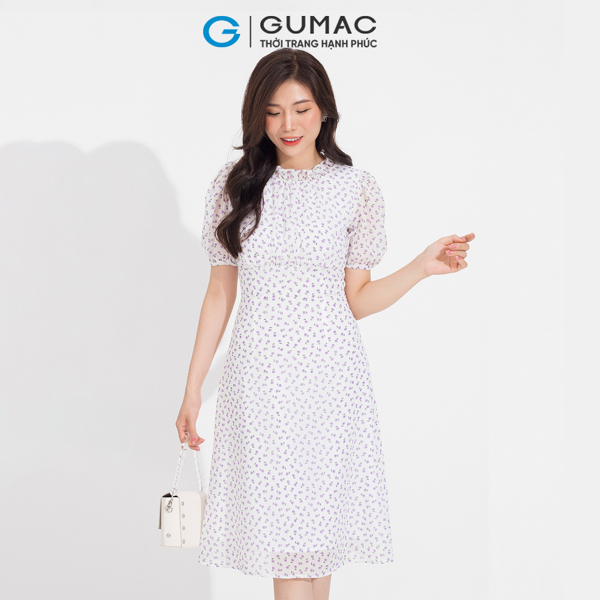 Đầm cổ bèo nhún GUMAC DD05087