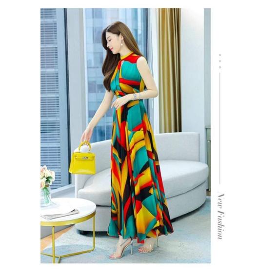 HÀNG NHẬP - ĐẦM MAXI VOAN CỔ KHOÉT HỌA TIẾT SẮC MÀU