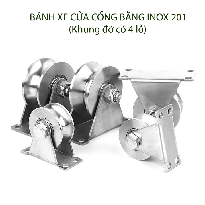 Bộ bánh xe inox 201 cho cửa cổng trượt, lùa, loại 16x48mm (Khung có 4 lỗ)