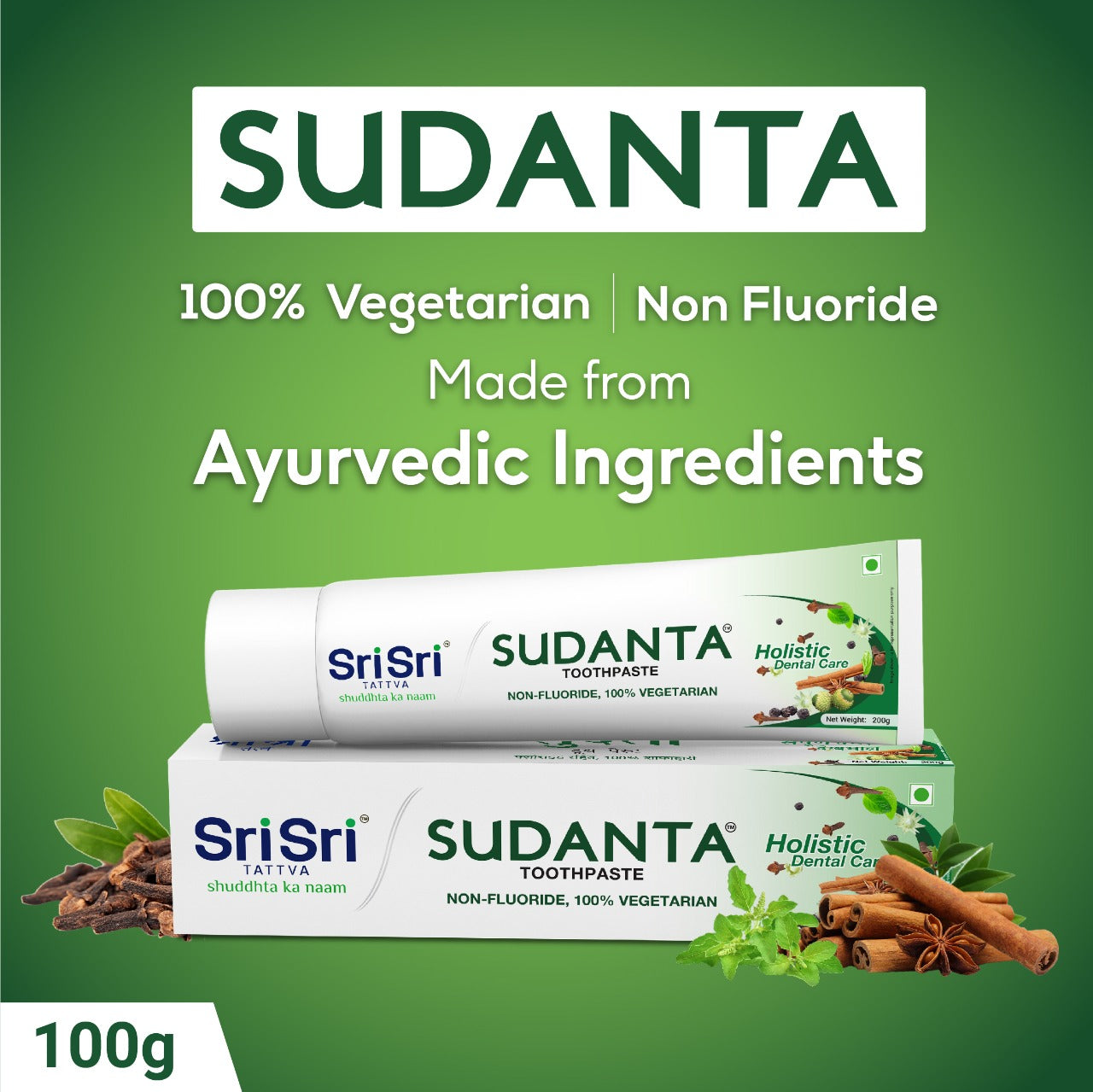 Kem Đánh Răng Dược Liệu Sudanta Toothpaste - Sri Sri Tattva - Răng Chắc Khỏe, Hơi Thở Thơm Tho, Ngăn Ngừa Các Bệnh Về Nướu, Răng Miệng Với Y Học Cổ Truyền Ayurveda - Tuýt 100gr