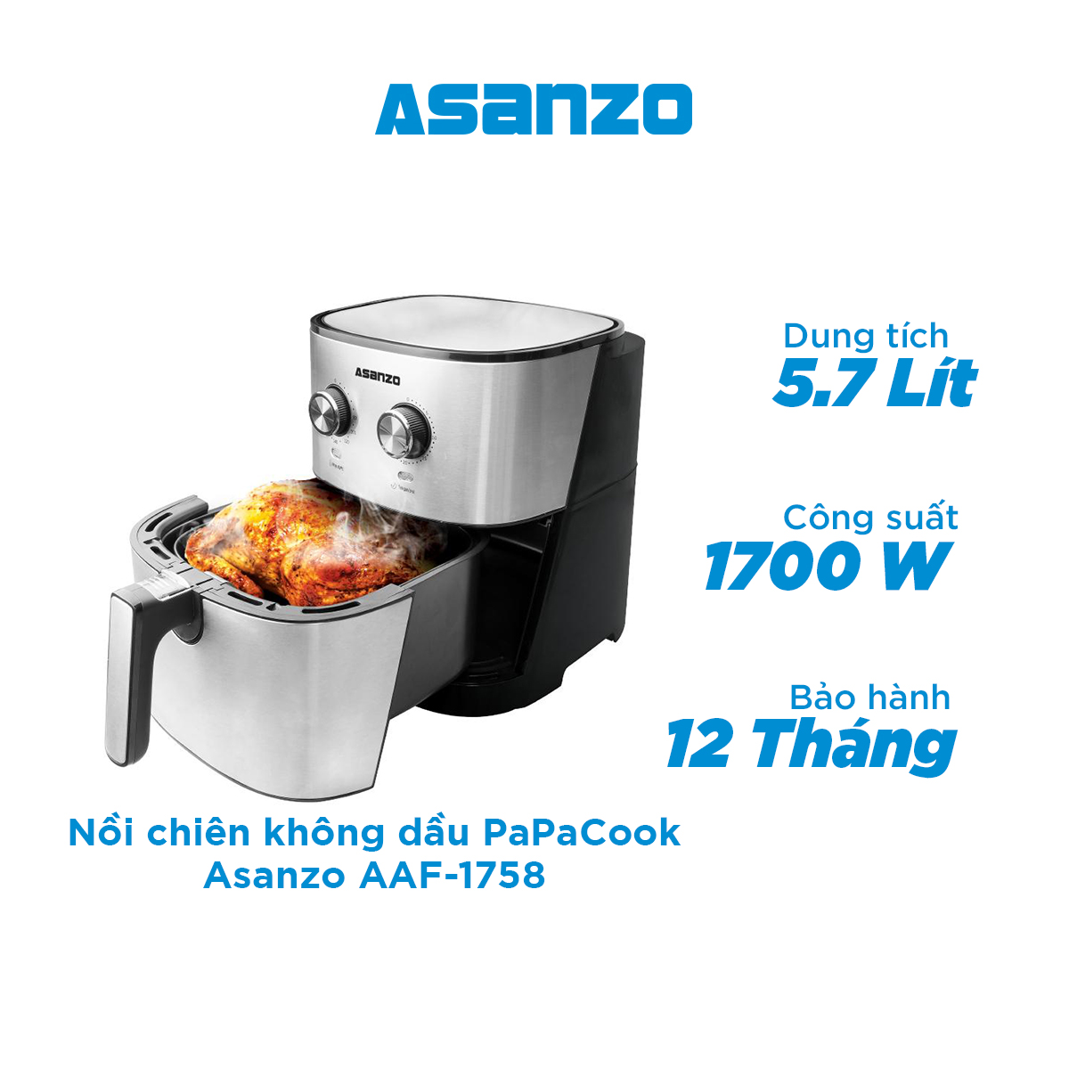 Nồi chiên không dầu Asanzo Papa Cook AAF1758 5.8L - Hàng Chính Hãng