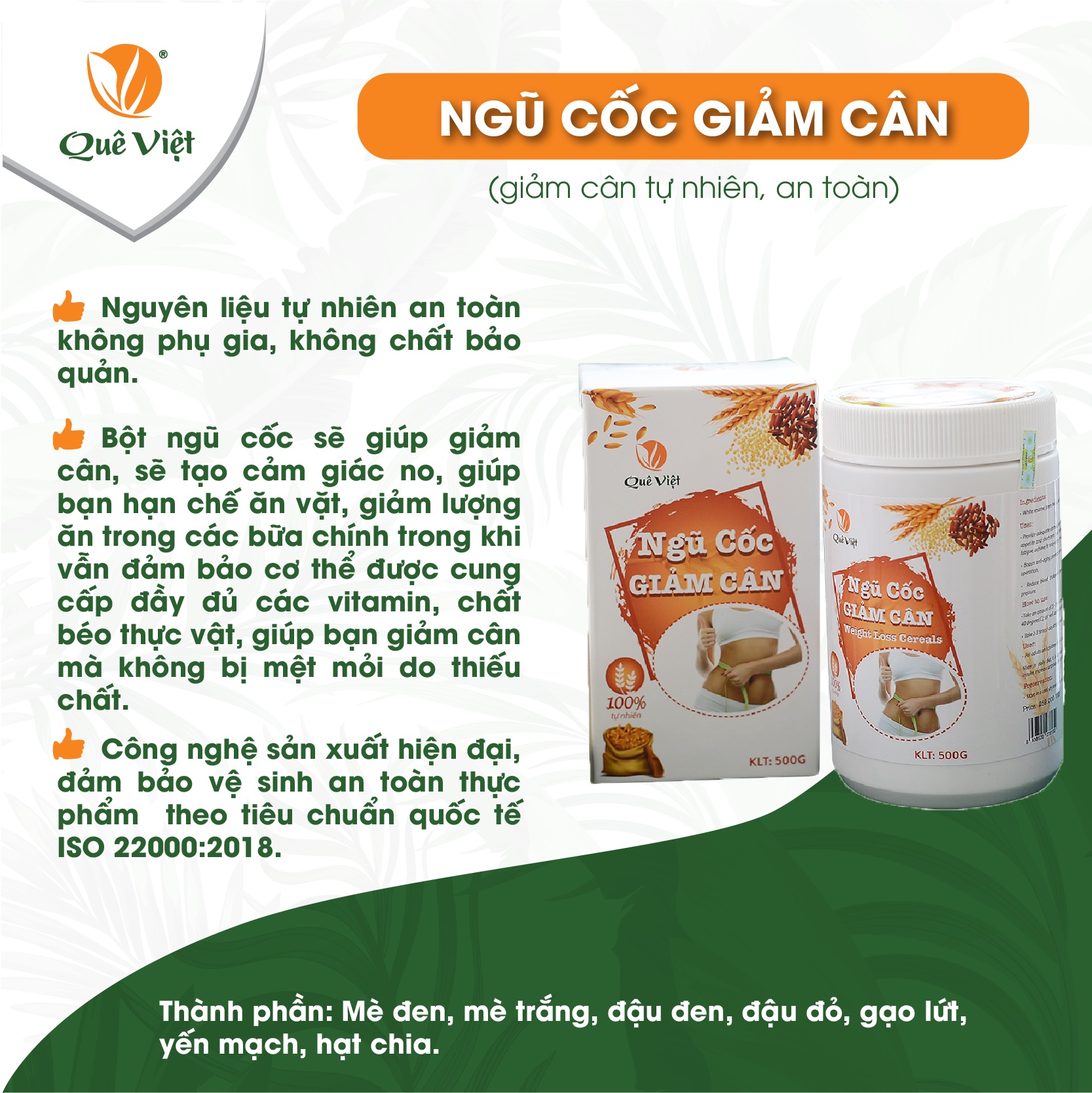 Ngũ cốc giảm cân ăn kiêng Quê Việt 100% nguyên liệu hữu cơ tự nhiên, an toàn 2 hộp x 500gr