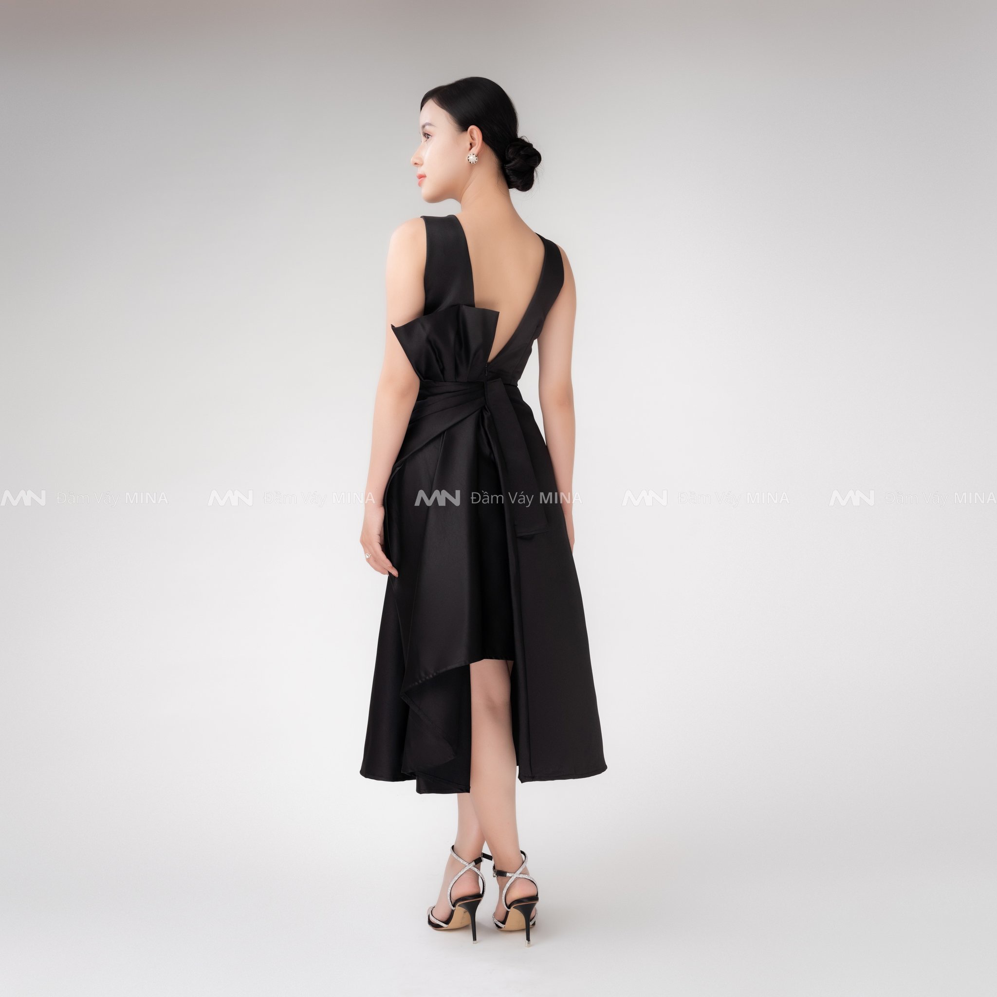 Đầm dự tiệc đầm sang trọng dáng xoè hở lưng nơ Taffeta cao cấp MN104 - Đầm Váy Mina