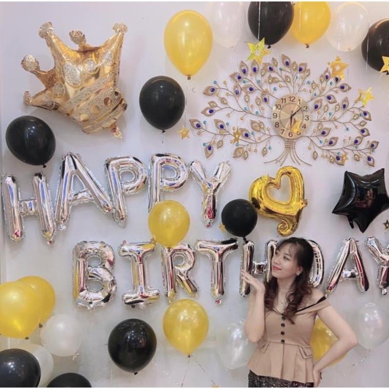 Tặng Bơm Và Keo 50 BóngBộ Happy Birthday màu bạc