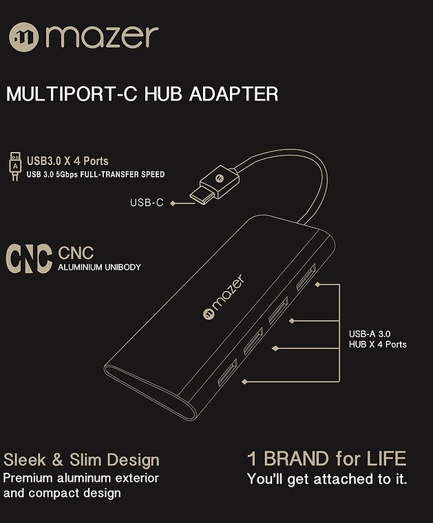 Cổng Chuyển Đổi MAZER USB-C to USB 3.0 HUB X 4 ports - hàng chính hãng