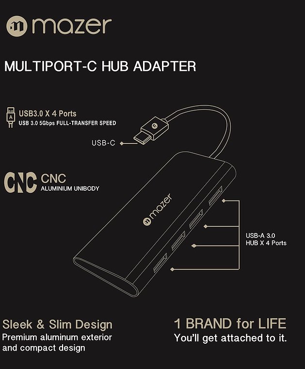 Cổng Chuyển Đổi MAZER USB-C to USB 3.0 HUB X 4 ports - hàng chính hãng