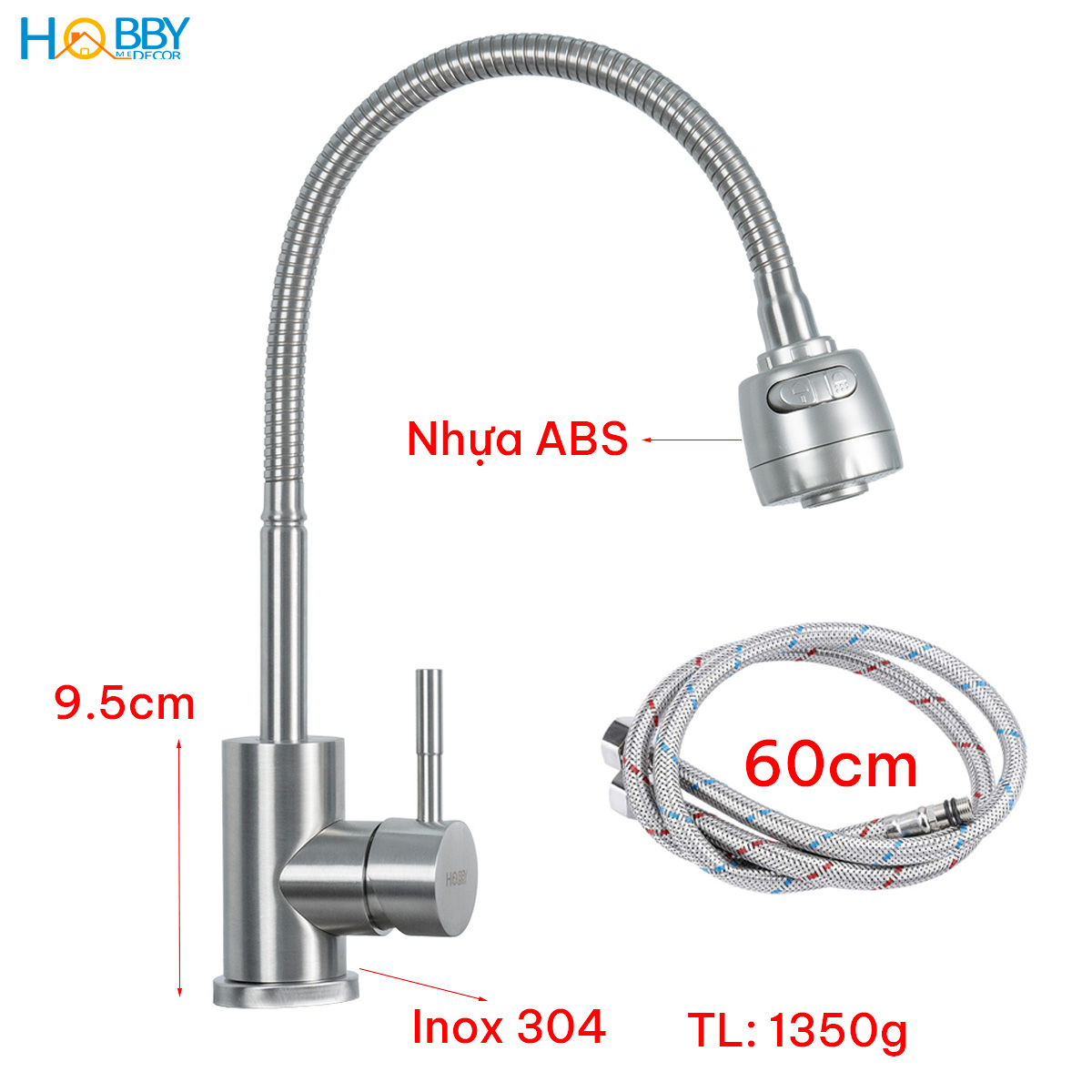 Vòi rửa chén nóng lạnh Inox 304 thân lò xo cong Hobby home decor LXNL1