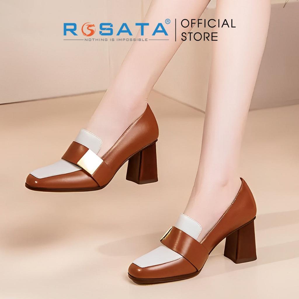 Giày cao gót nữ ROSATA RO389 mũi vuông xỏ chân gót cao 7cm xuất xứ Việt Nam - NÂU